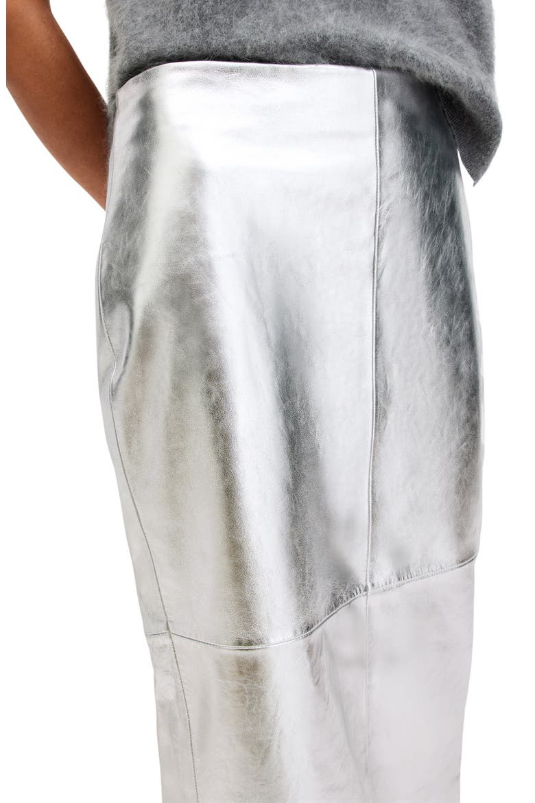 Renai Metallic Leather Midi Skirt, Alternate, color, SILVER
