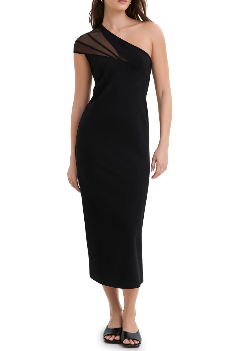 Kiran Sheer Accent One-Shoulder Midi Dress, Main, color, BLACK