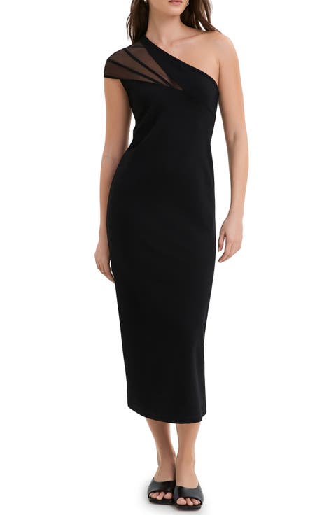 Kiran Sheer Accent One-Shoulder Midi Dress