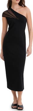 Marcella Kiran Sheer Accent One-Shoulder Midi Dress