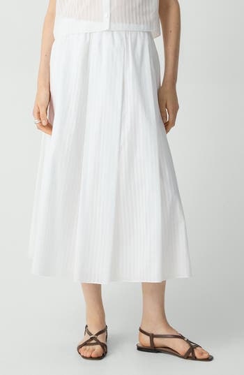 Theory Stripe Cotton Pull-on Midi Skirt In White