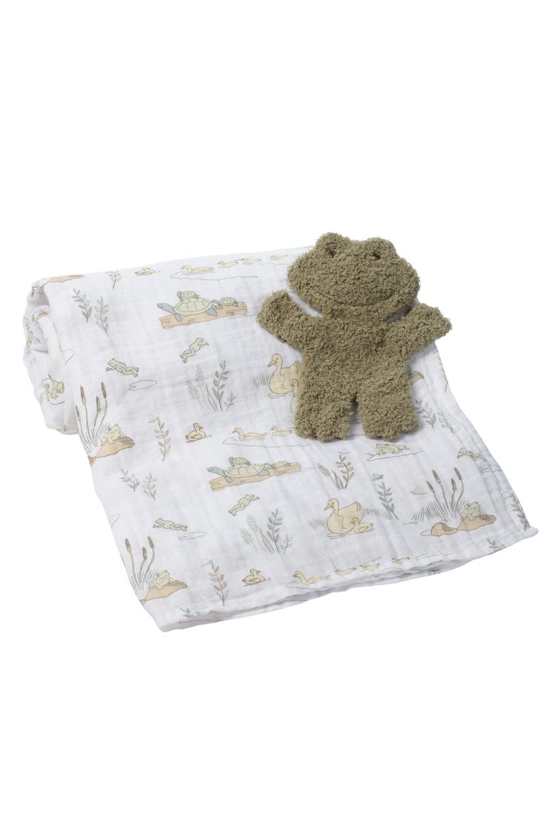 Froggy Cotton Muslin Swaddle Blanket w/ Lovey Baby Gift Set, Main, color, White