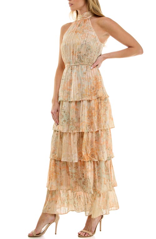Socialite Plissé Tiered Maxi Halter Dress
