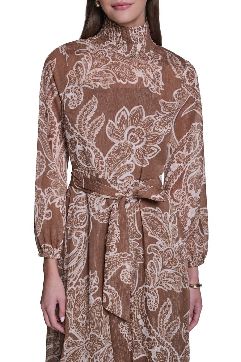 Long Sleeve Paisley Printed Chiffon Midi Dress, Alternate, color, Tan Multi