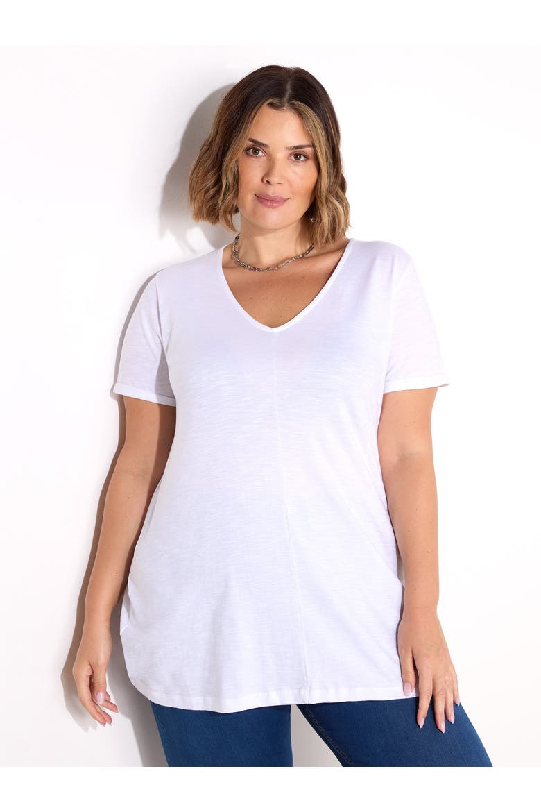 Cotton Slub V-Neck Longline T-Shirt, Main, color, White