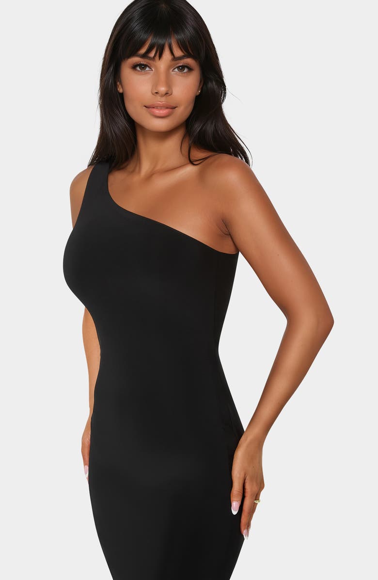 bebe One-Shoulder Slit Maxi Dress, Alternate, color, Black