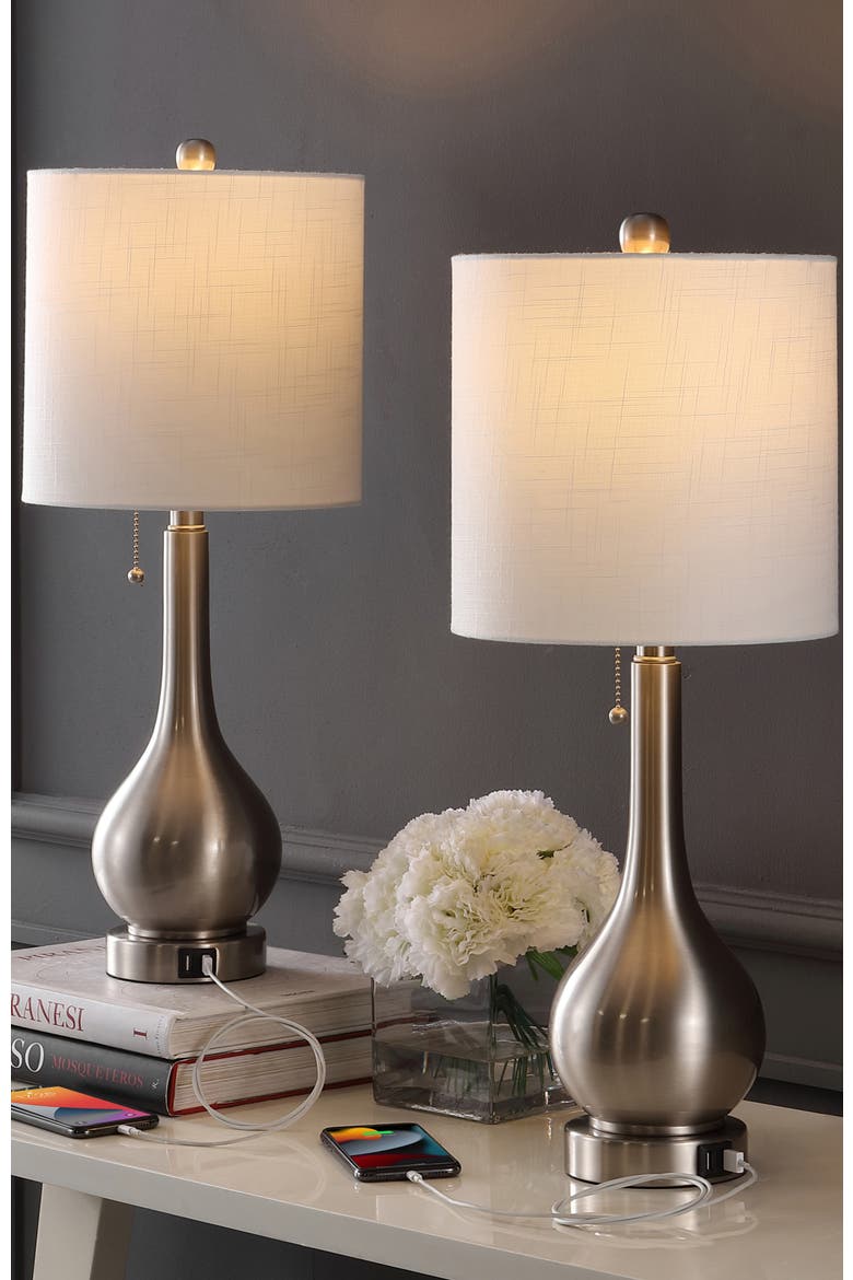 Tyler 24" Modern Classic Gourd Iron LED Table Lamp with Pull-Chain with Dual USB Charging Port, Alternate, color, Nickel