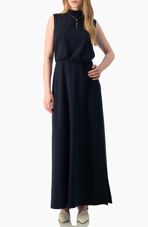 High-Neck Sleeveless Long Dress with Side Slit