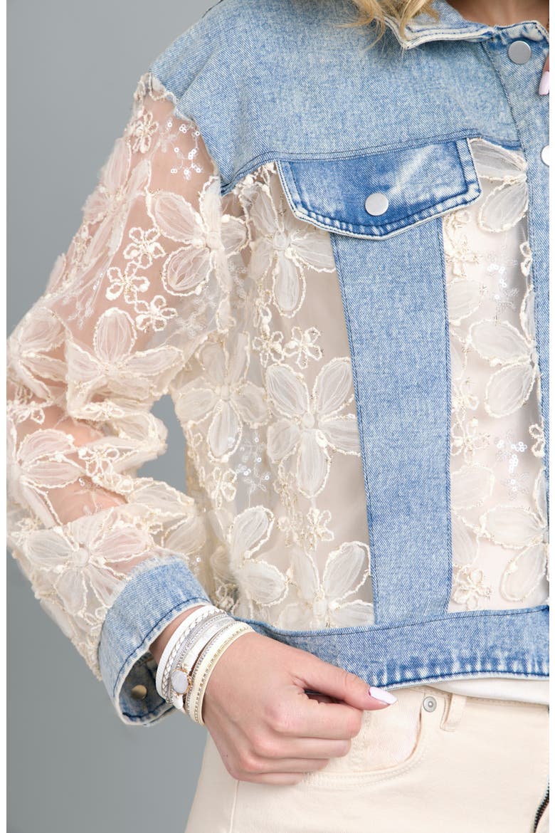 Denim Lace Trucker Jacket, Alternate, color, BLUE