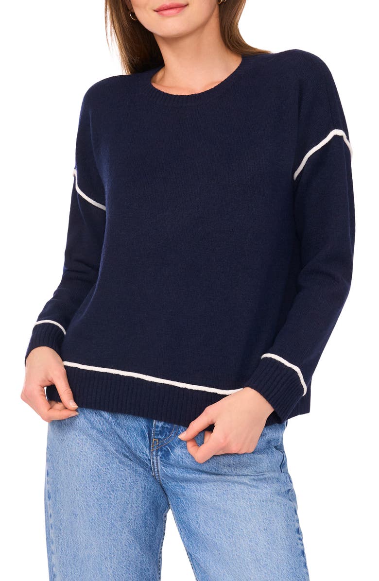 Vince Camuto Contrast Trim Crewneck Sweater, Main, color, Classic Navy