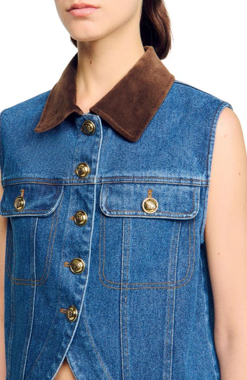 Sandro Womens Blue Jean Contrast-collar Button-down Sleeveless Denim Jacket In Blue