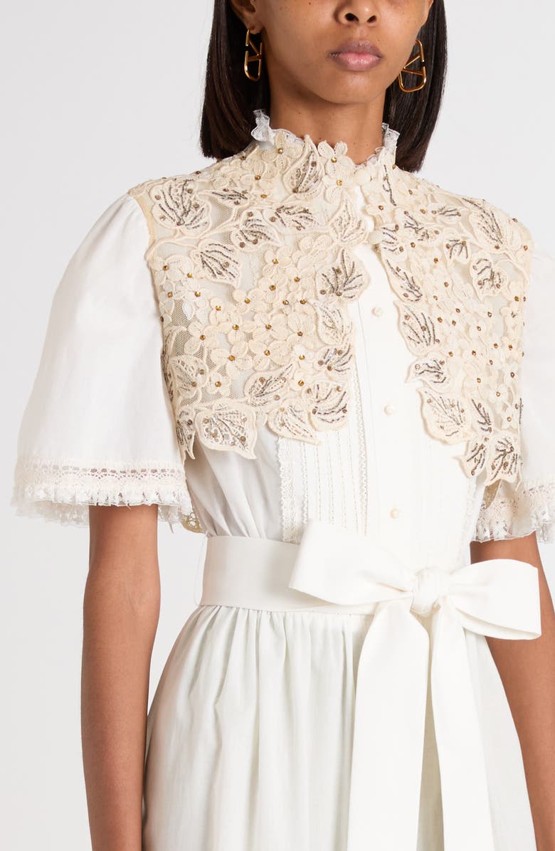 Valentino Garavani Lace Embellished Cotton Muslin Midi Dress, Alternate, color, Ivory