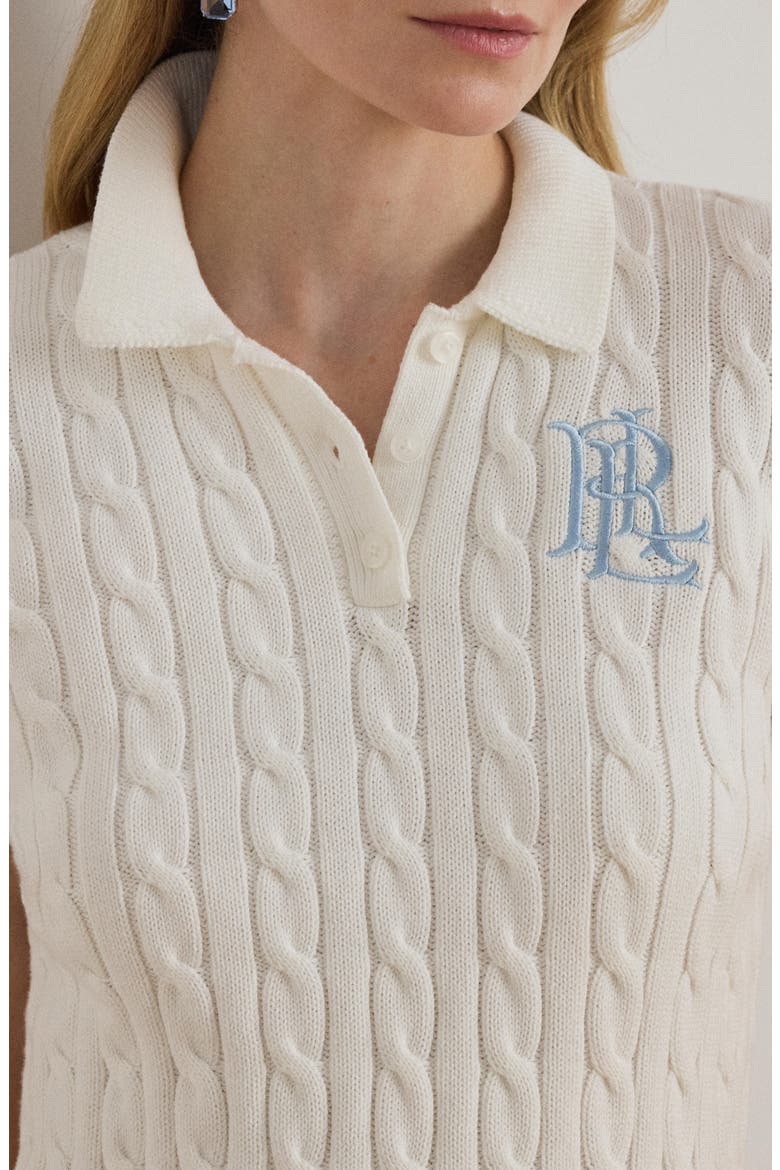 Natrissa Cable Stitch Cotton Polo Sweater, Alternate, color, WHITE