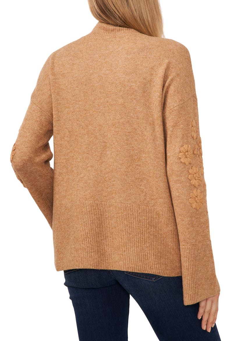 Floral Embroidered Mock Neck Sweater, Alternate, color, LATTE HEATHER BROWN