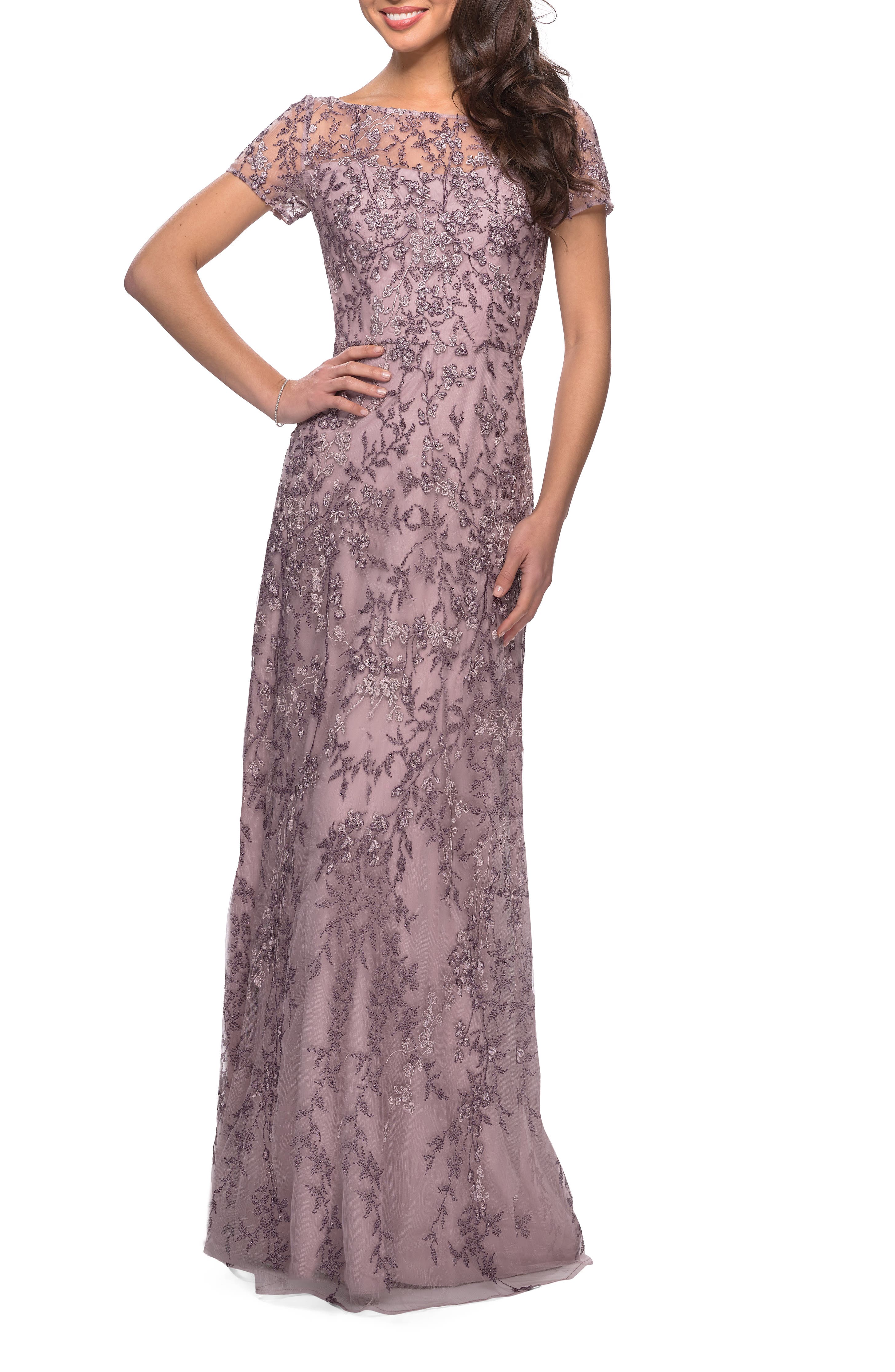 La Femme Floral Beaded Evening Dress with Sheer Cap Sleeves in Dusty Lilac 