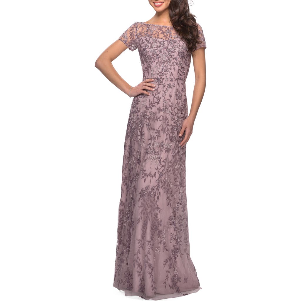 La Femme Floral Beaded Evening Dress with Sheer Cap Sleeves in Dusty Lilac