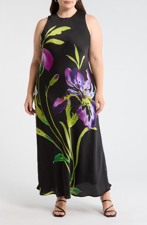 Varkey Saisha Floral Satin Midi Dress (Plus Size)