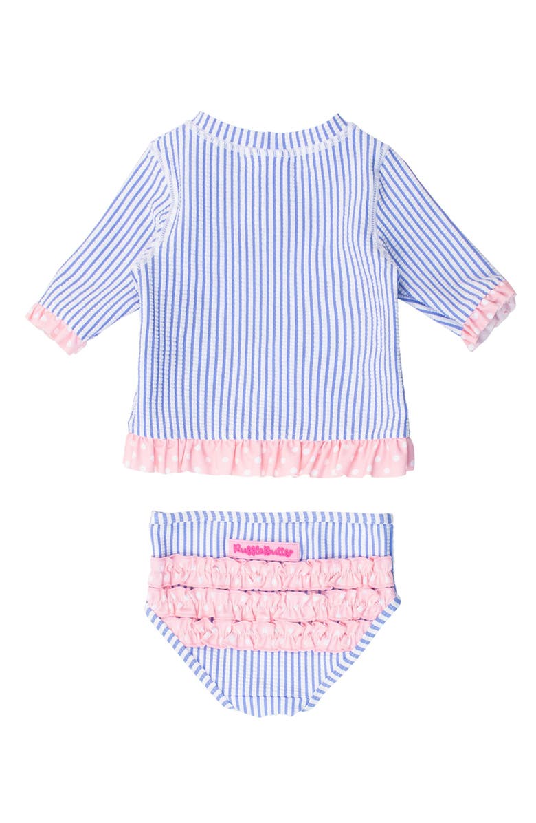 RuffleButts Baby/Toddler Girls UPF50+ Seersucker Short Sleeve Ruffle Rash Guard Bikini, Alternate, color, Periwinkle Blue Seersucker