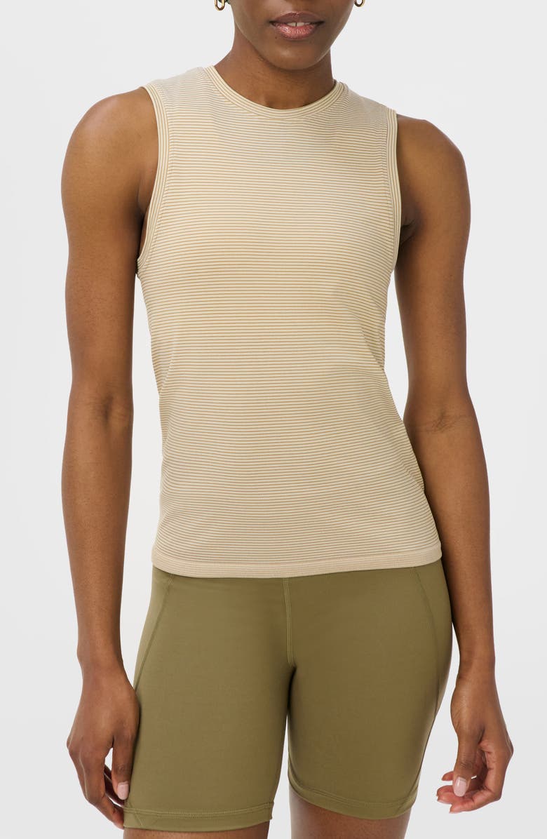 Sweaty Betty Athlete Mid Length Striped Performance Tank, Main, color, Beige Drop Needle Stripe