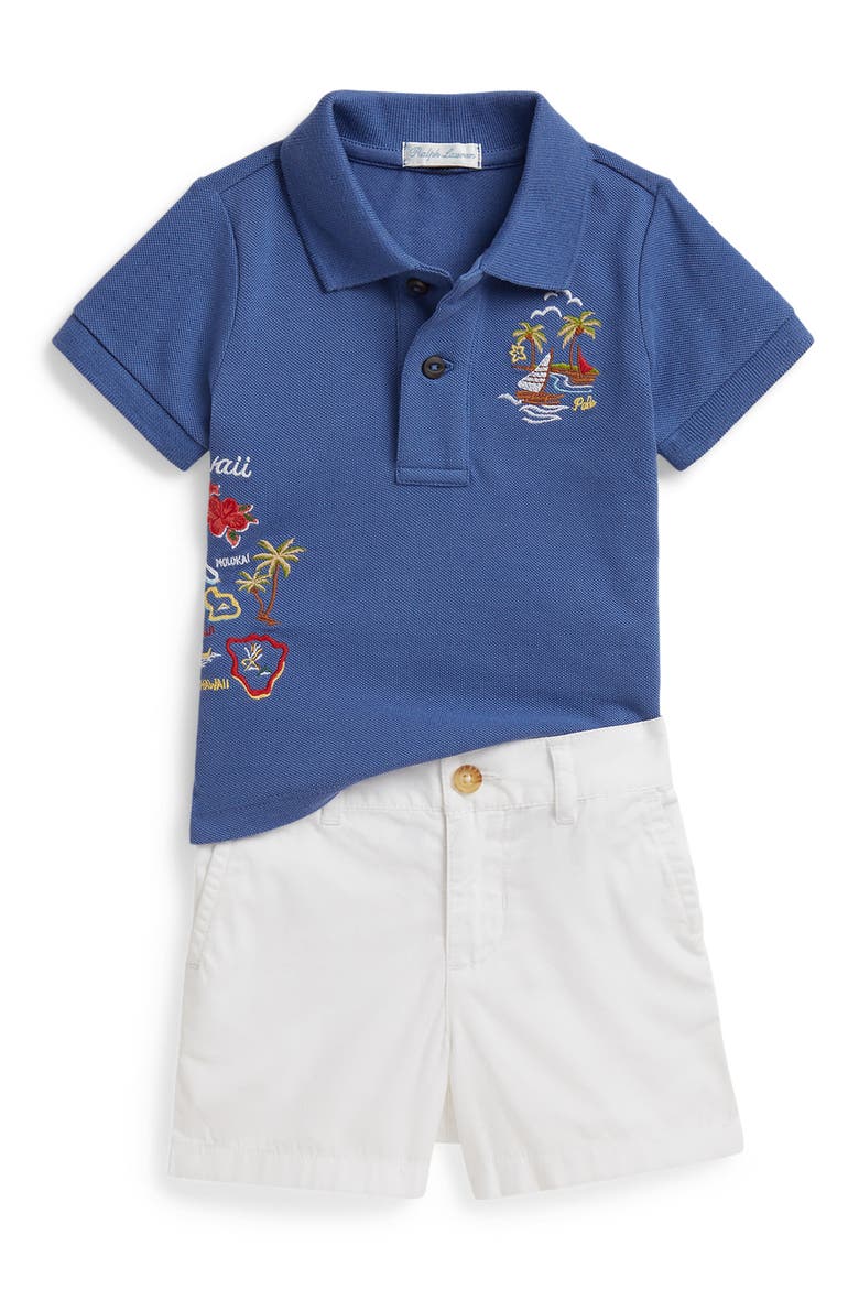 Island Embroidered Polo & Shorts Set, Main, color, BLUE