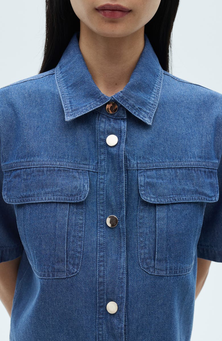 MANGO Crop Short Sleeve Denim Shirt, Alternate, color, Medium Blue