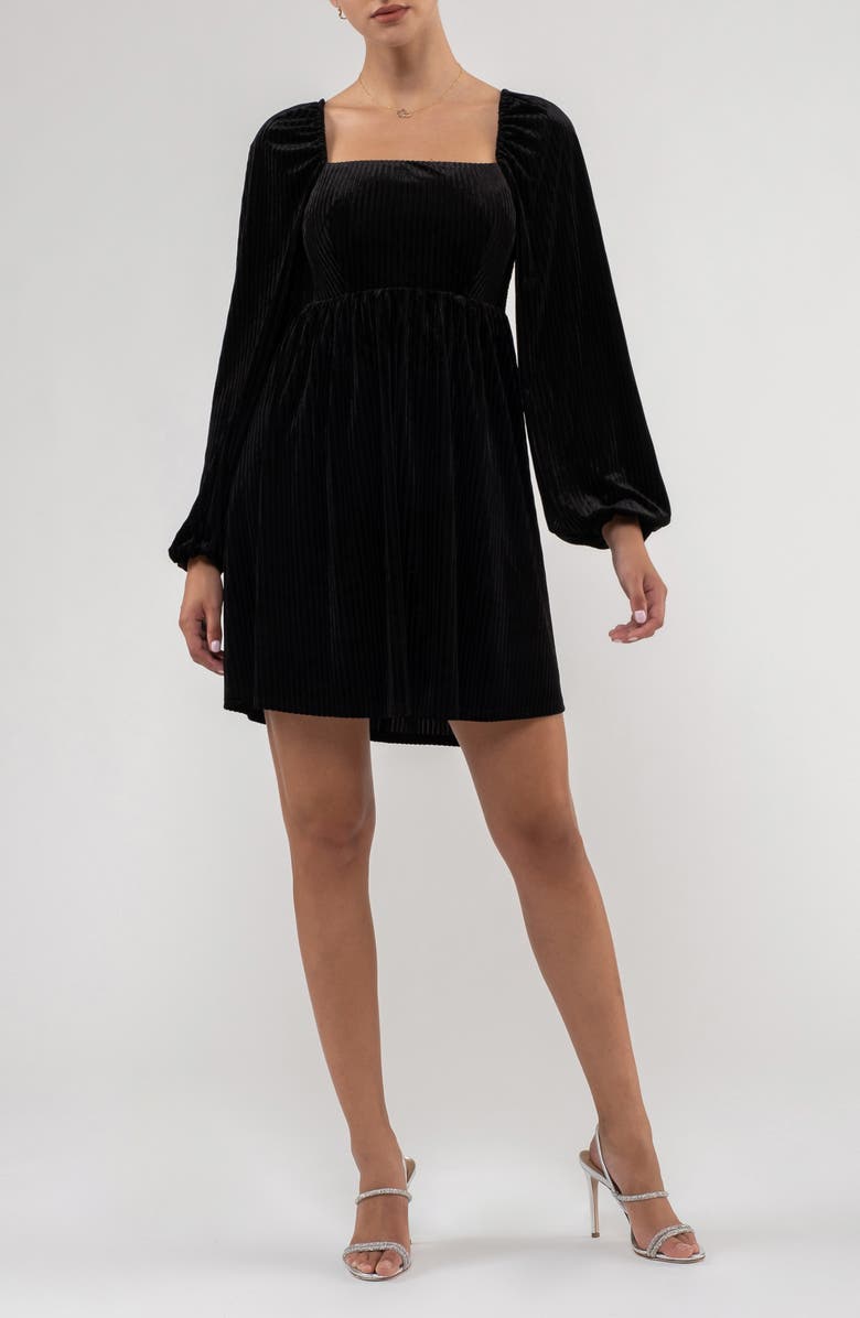 AUGUST SKY Long Sleeve Velvet Babydoll Minidress, Alternate, color, Black