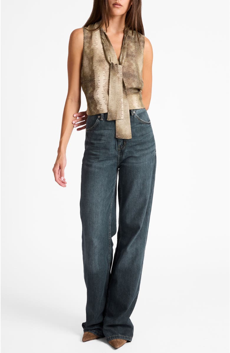 Santorelli Teca Sleeveless Printed Tie Neck Blouse, Alternate, color, Sahara