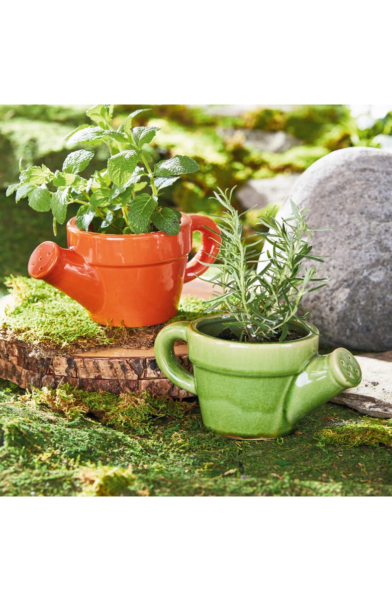 tag Watering Can Planter Orange Orange Stoneware Spring, Alternate, color, Orange