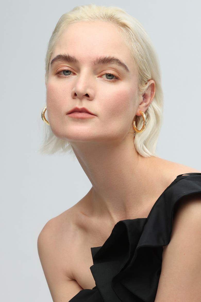 Cubic Zirconia Molten C Hoop Earrings, Alternate, color, Gold