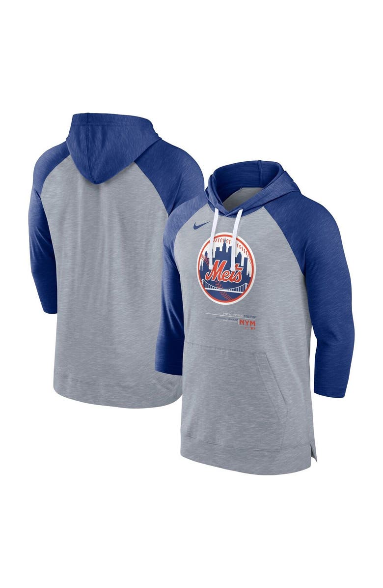 Nike Men's Nike Heather Gray/Heather Royal New York Mets Baseball Raglan 3/4-Sleeve Pullover Hoodie, Main, color, 