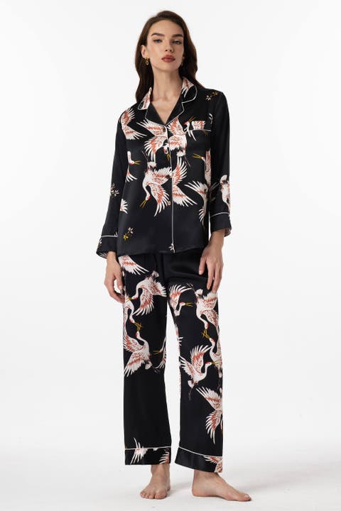 19Momme Pure Silk Printed Classic Binding Trim Womens Pajama set