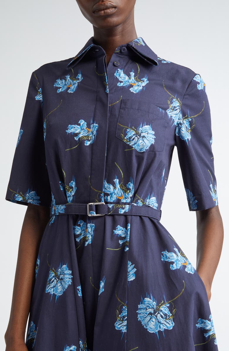 Emilia Wickstead Rubie Belted Cotton Poplin Midi Shirtdress, Alternate, color, Blue Flowers On Navy