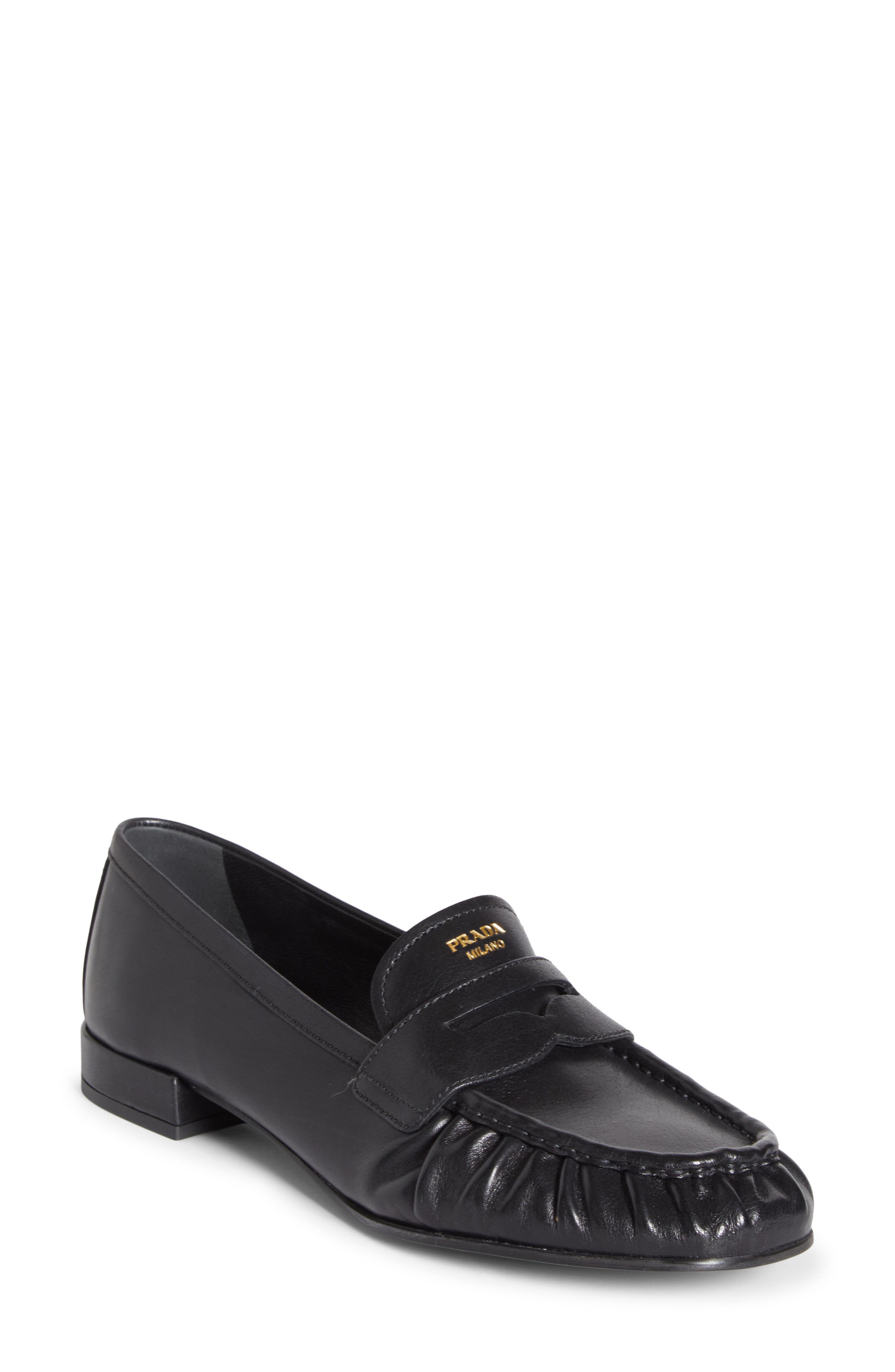 Ruched Leather Loafer, Main, color, NERO