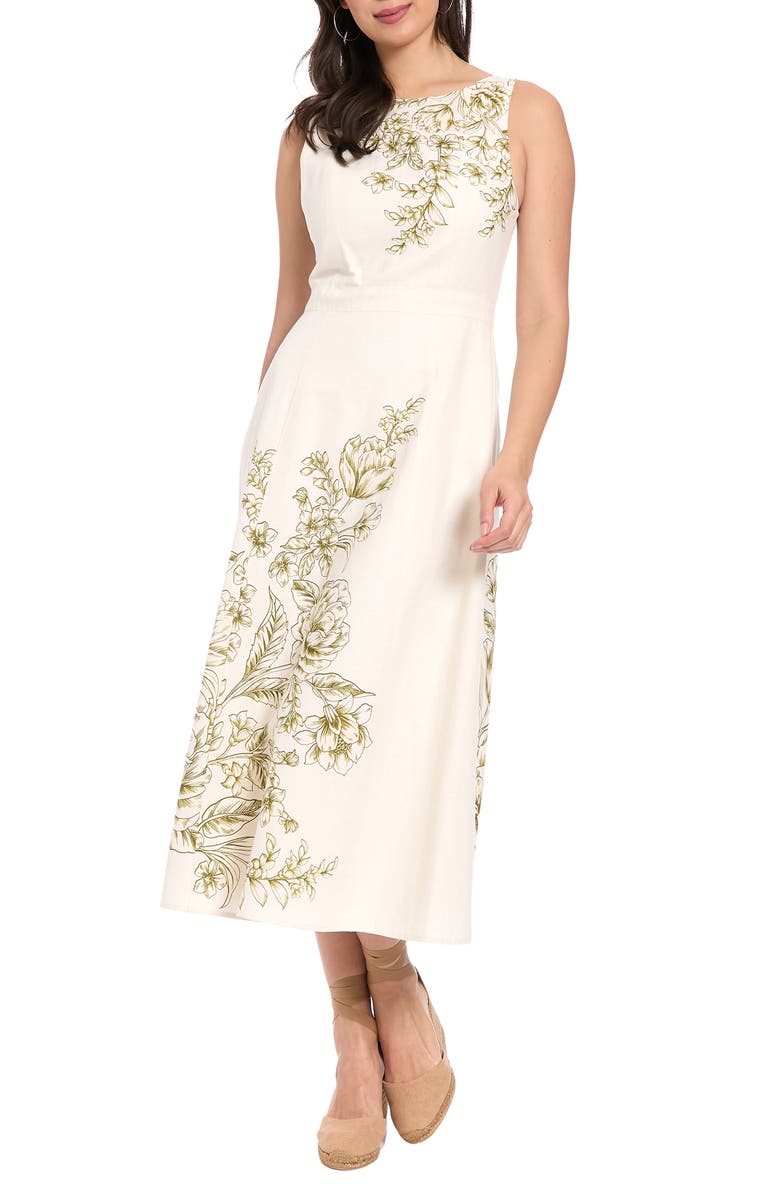 London Times Placement Print Midi Dress, Main, color, Cream/ Olive