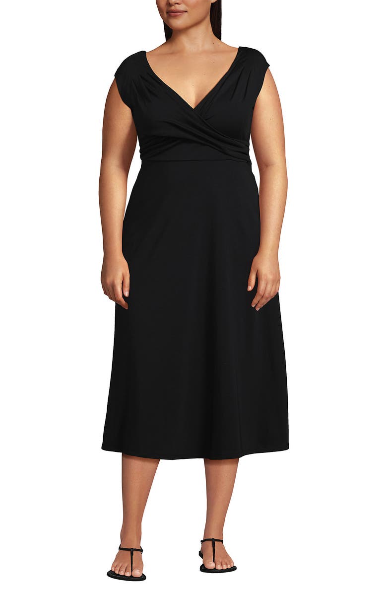 Lands' End Cotton Modal Off the Shoulder Wrap Midi Dress, Main, color, Black