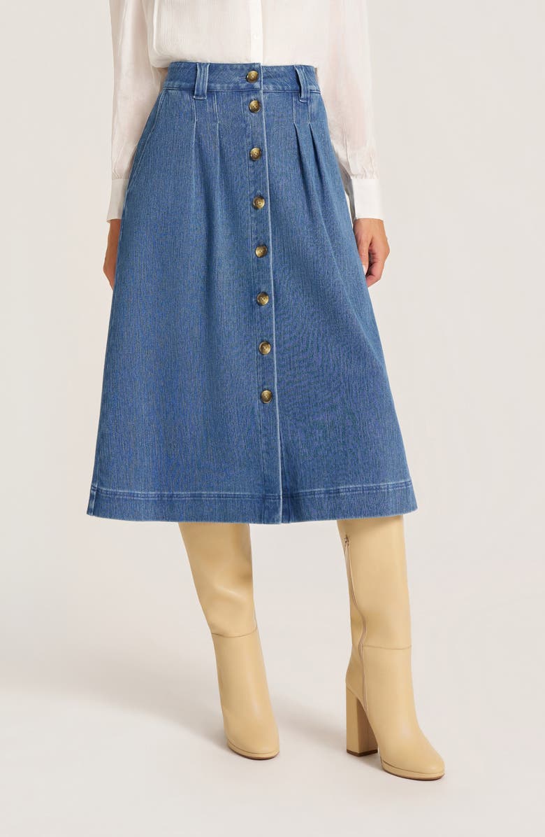 matty m. Marlow Button Front Midi Denim Skirt, Main, color, Denim