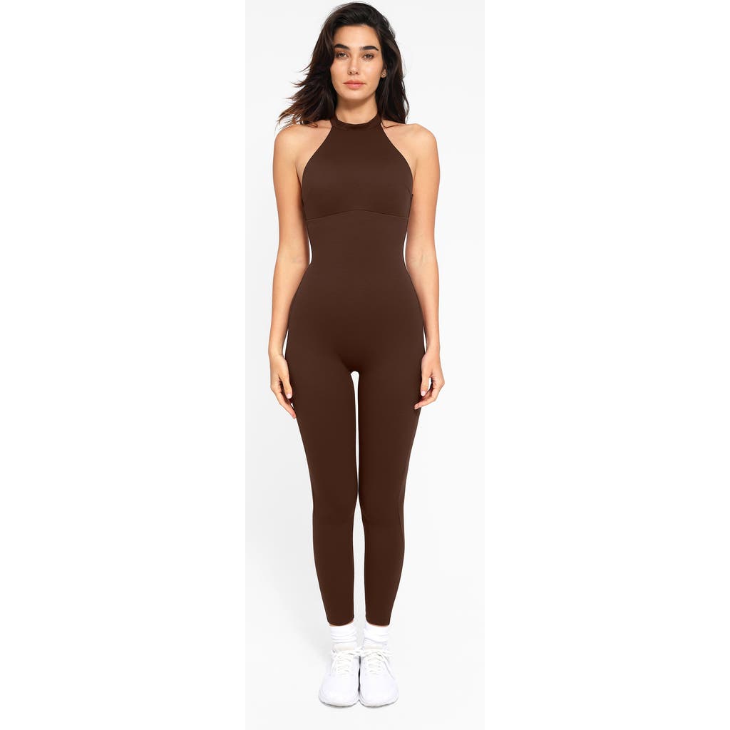 Popilush Shapewear Body-sculpting Halter Neck Jumpsuit In Chocolate
