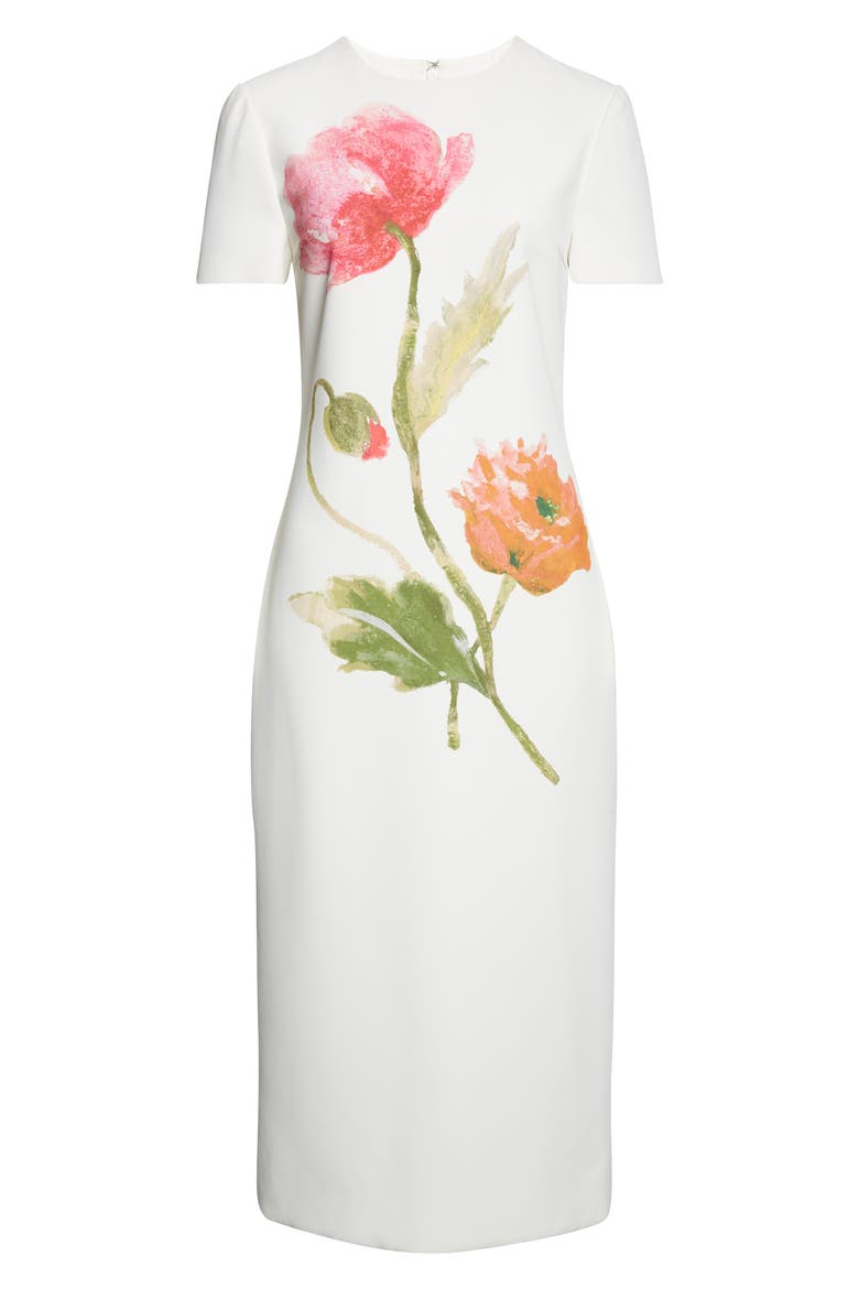 Poppy Print Short Sleeve Stretch Crepe Sheath Dress, Alternate, color, WHITE MULTI
