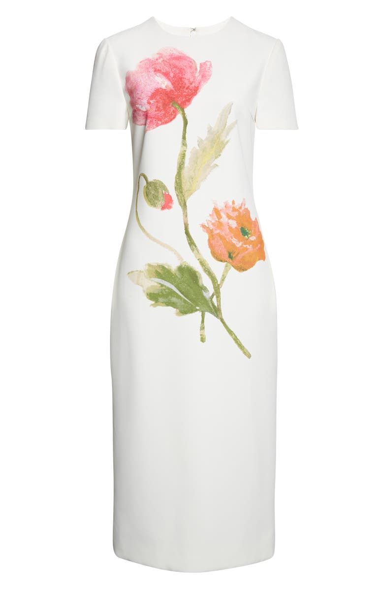 Carolina Herrera Poppy Print Short Sleeve Stretch Crepe Sheath Dress, Alternate, color, White Multi