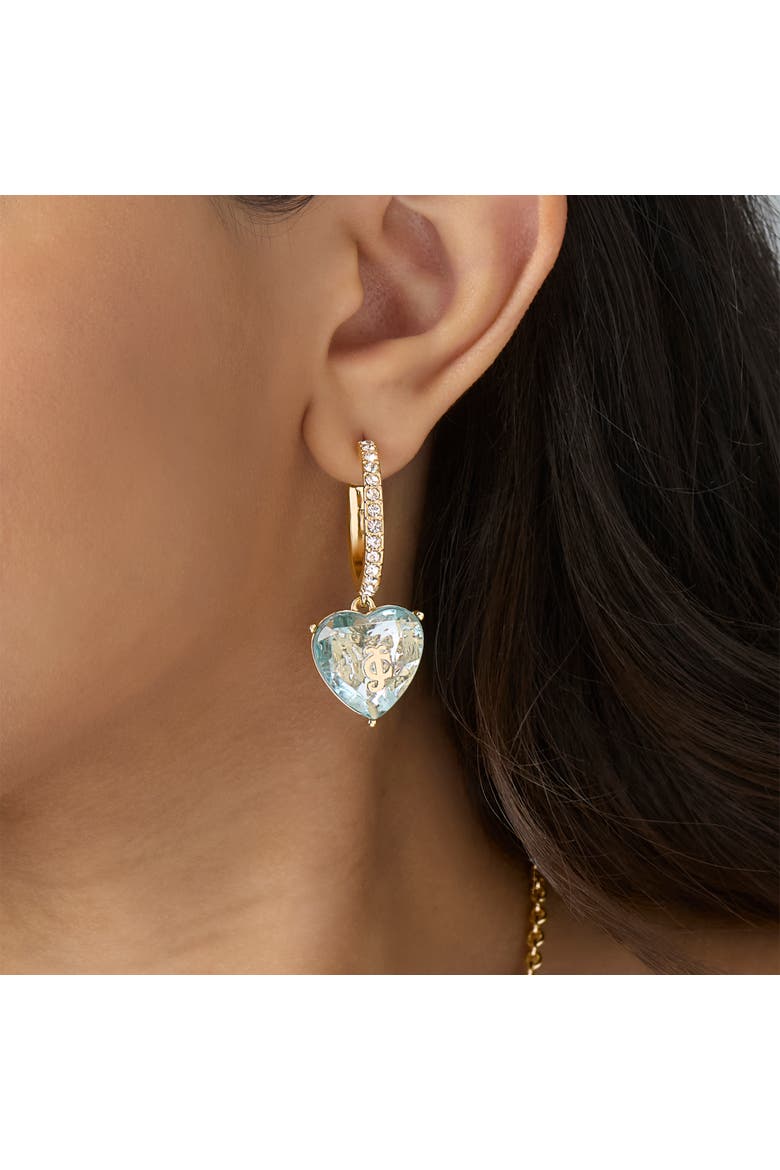 Blue Heart Charm Hoop Earrings for Women, Blue & Clear Stones, Alternate, color, Gold-Tone