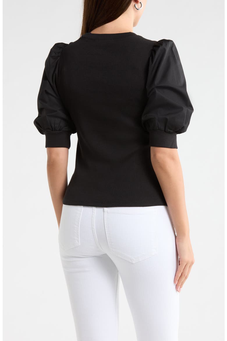 Coralee Puff Shoulder Rib & Stretch Poplin Top, Alternate, color, BLACK
