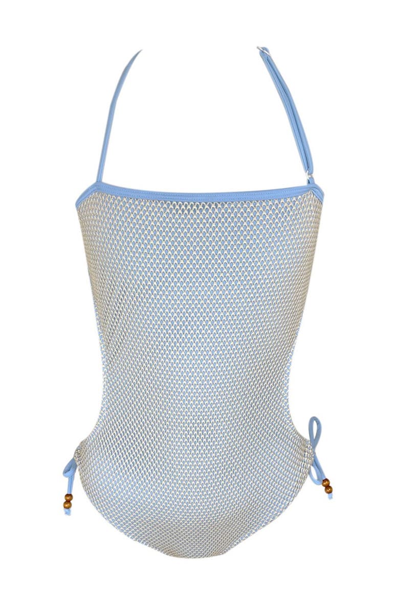 Mesh Overlay Cut-Out with Beaded Ties One-Piece Swimsuit, Main, color, Blue