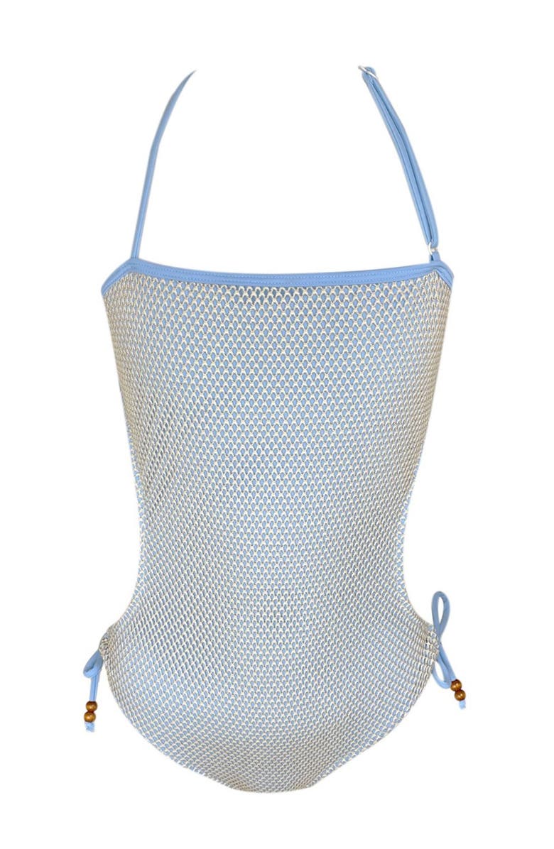 NESSI BYRD Mesh Overlay Cut-Out with Beaded Ties One-Piece Swimsuit, Main, color, Blue