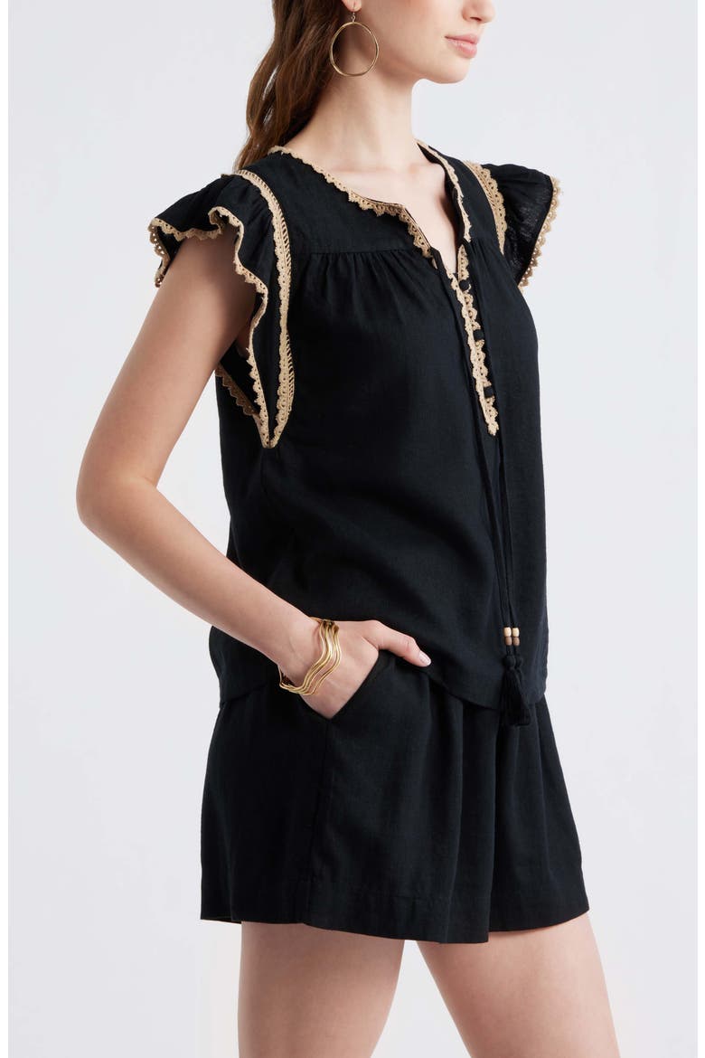 Crochet Trim Linen Blend Top, Alternate, color, BLACK