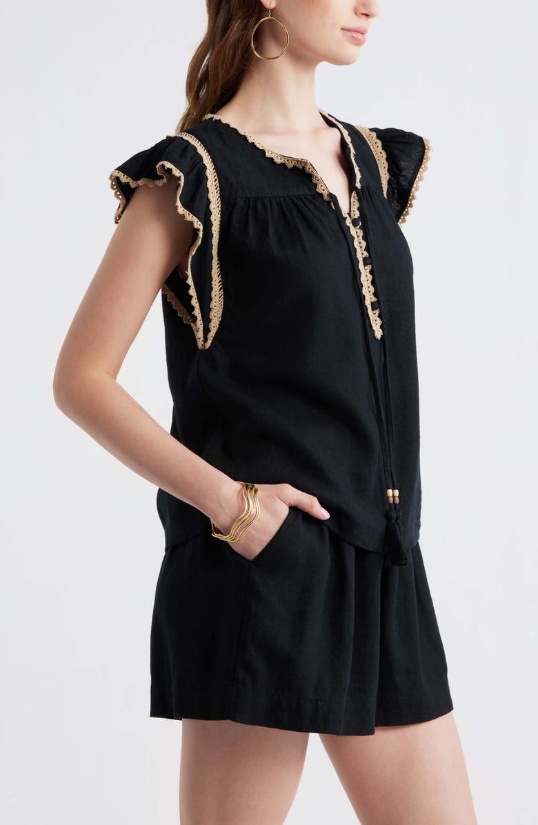 Treasure & Bond Crochet Trim Linen Blend Top, Alternate, color, Black