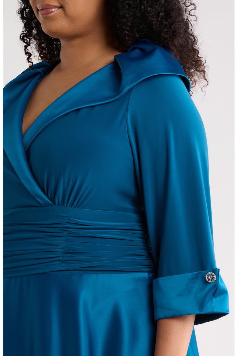 Rhinestone Button Cuff Sleeve Mixed Media Gown, Alternate, color, PEACOCK