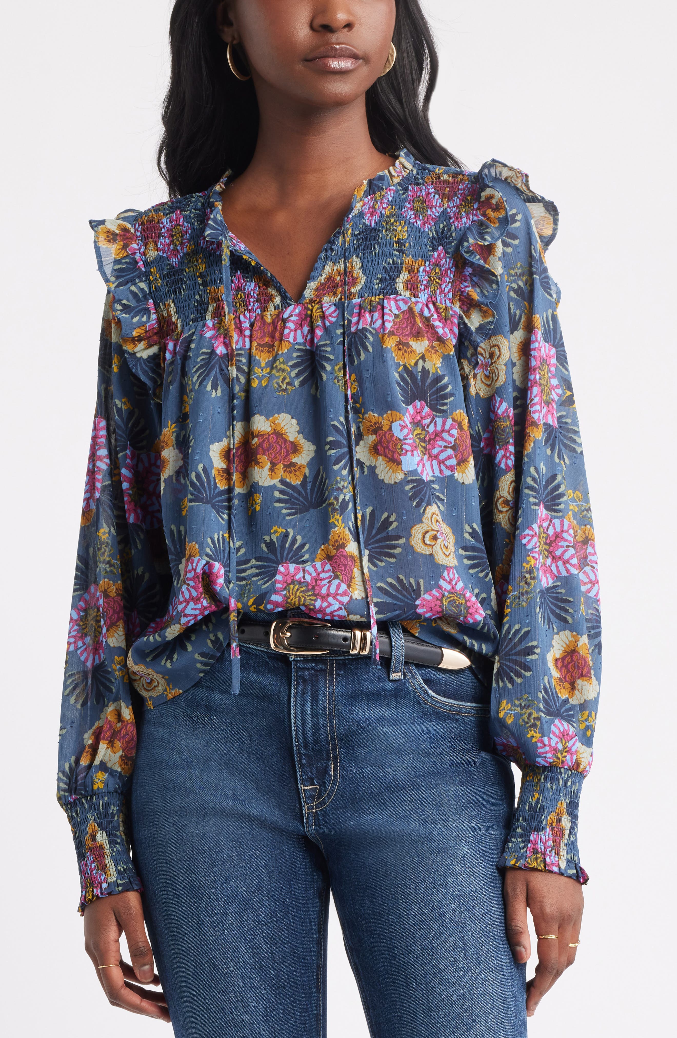 Treasure & Bond Smock Yoke Top in Green Gables Blooming 