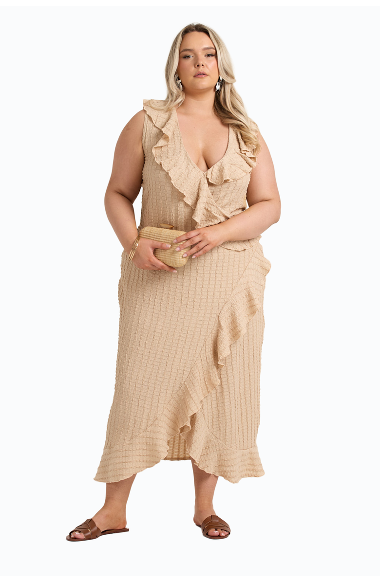 FASHION-SZN CURVE Ruffle Wrap Sleeveless Midi Dress, Alternate, color, Stone