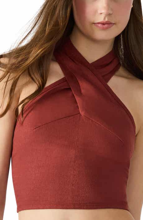 Steve Madden Winnie Twist Neck Crop Linen Blend Top