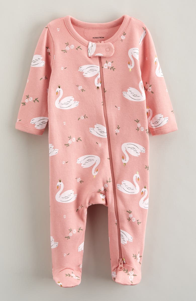 Nordstrom Print Cotton Footie, Main, color, Pink Beauty Swan Boquet